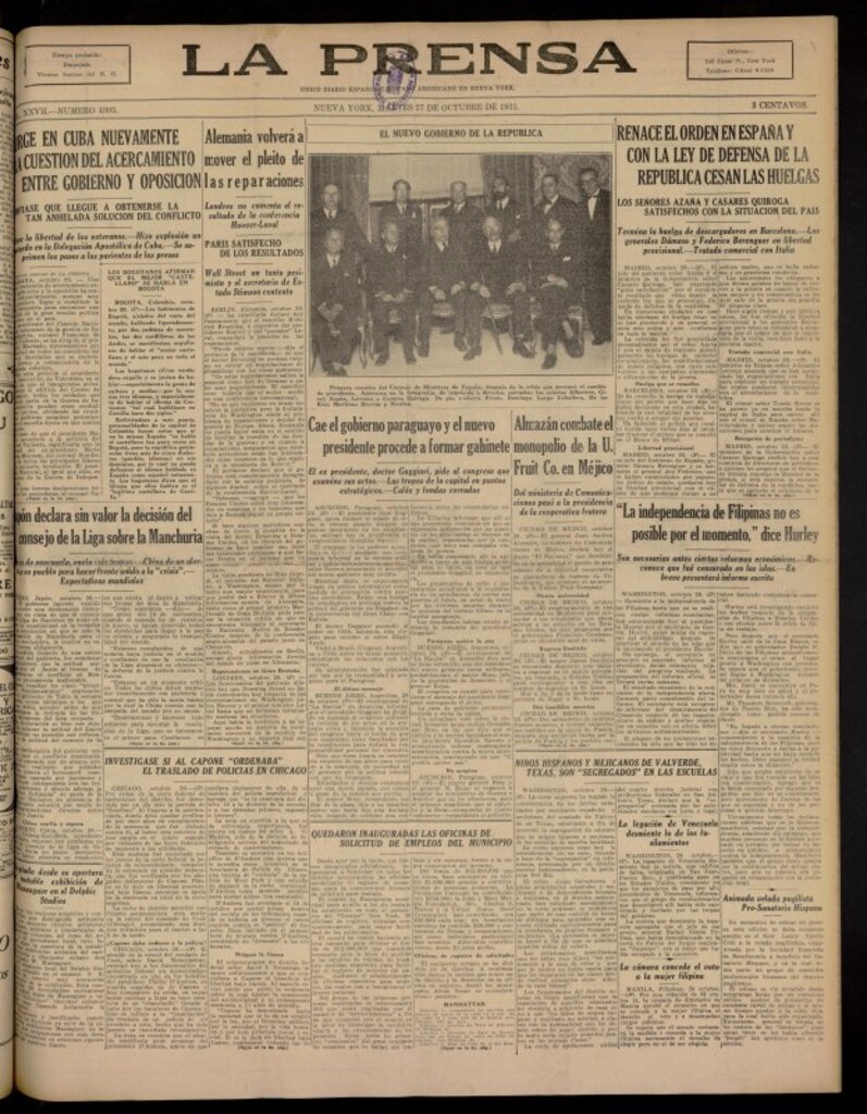 Miniatura de La Prensa: único diario español e hispano americano en Nueva York del 27 de octubre de 1931, nº 4303