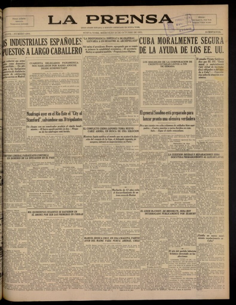 Miniatura de La Prensa: único diario español e hispano americano en Nueva York del 28 de octubre de 1931, nº 4304