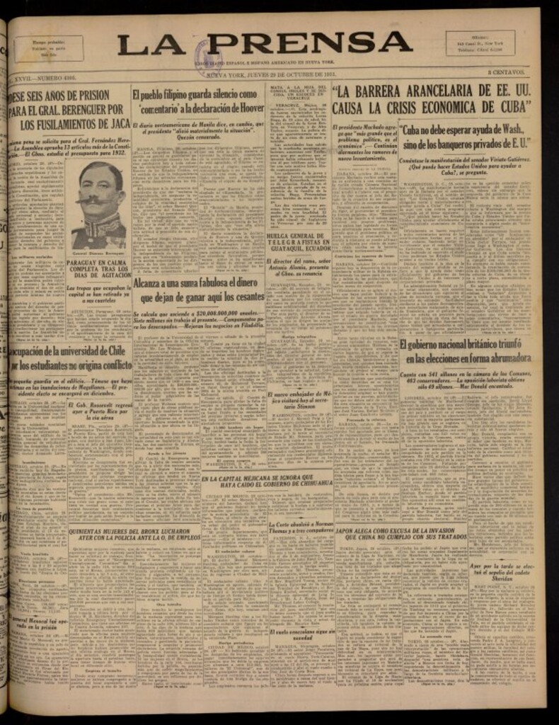 Miniatura de La Prensa: único diario español e hispano americano en Nueva York del 29 de octubre de 1931, nº 4305