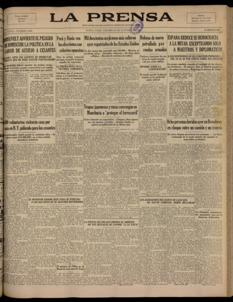 Miniatura de La Prensa: único diario español e hispano americano en Nueva York del 30 de octubre de 1931, nº 4306