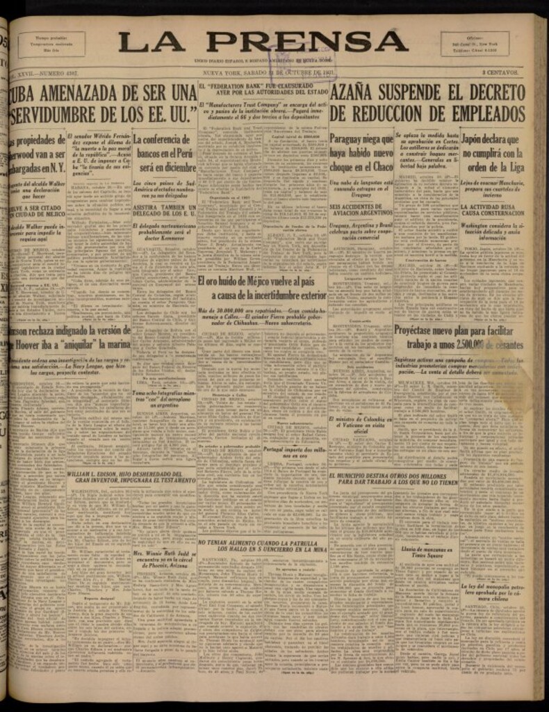 Miniatura de La Prensa: único diario español e hispano americano en Nueva York del 31 de octubre de 1931, nº 4307