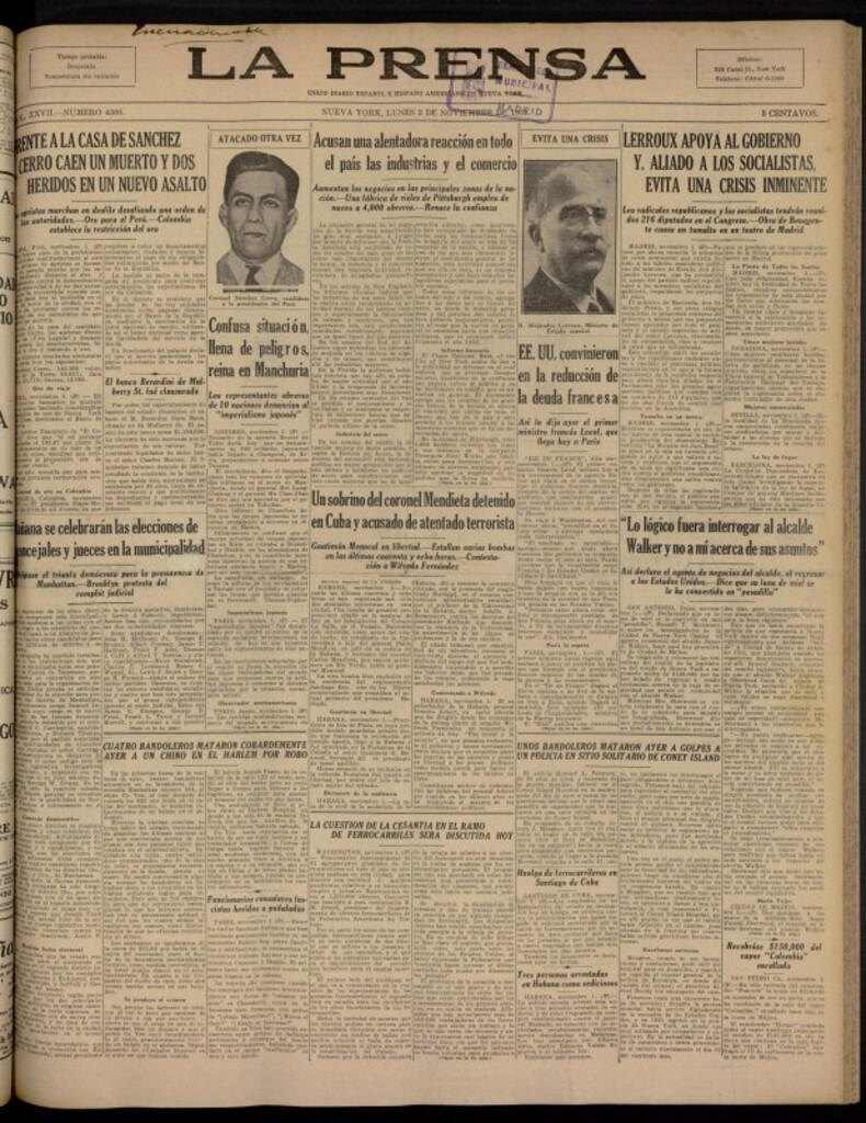 Miniatura de La Prensa: único diario español e hispano americano en Nueva York del 2 de noviembre de 1931, nº 4308