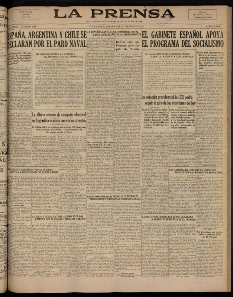Miniatura de La Prensa: único diario español e hispano americano en Nueva York del 3 de noviembre de 1931, nº 4309