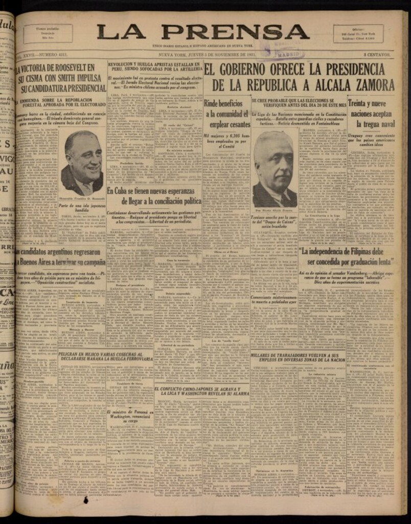 Miniatura de La Prensa: único diario español e hispano americano en Nueva York del 5 de noviembre de 1931, nº 4311