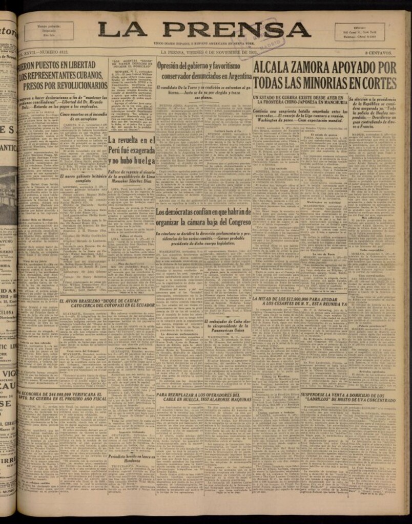 Miniatura de La Prensa: único diario español e hispano americano en Nueva York del 6 de noviembre de 1931, nº 4312