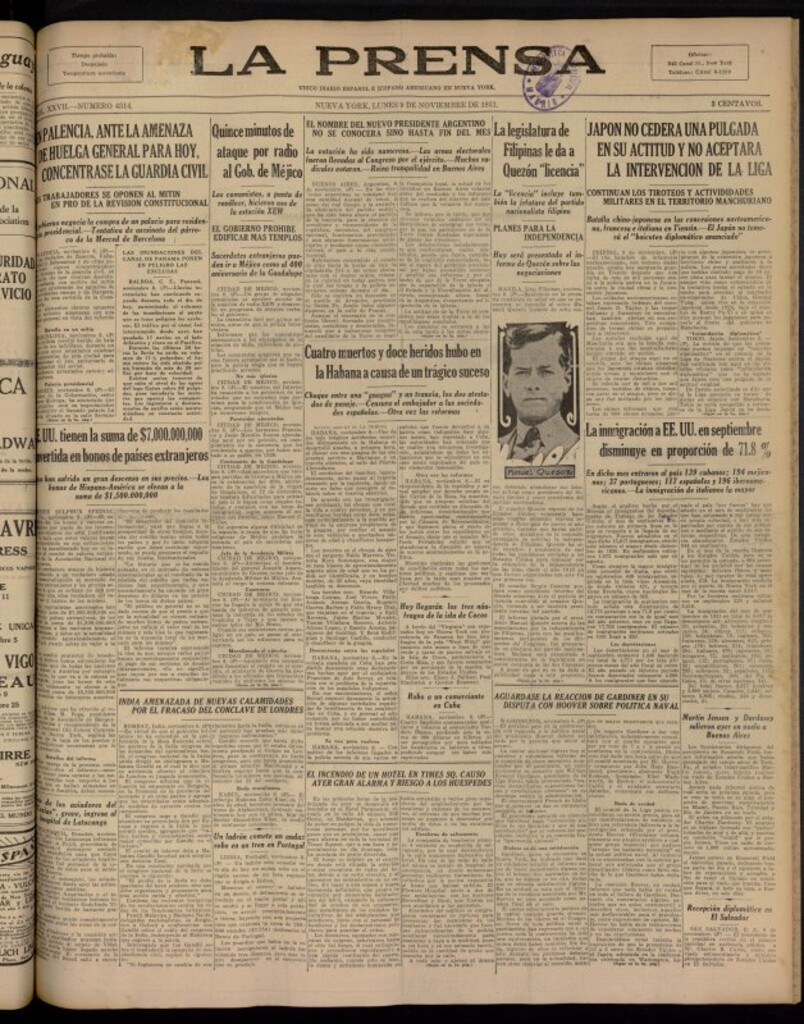 Miniatura de La Prensa: único diario español e hispano americano en Nueva York del 9 de noviembre de 1931, nº 4314