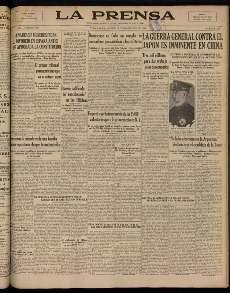 Miniatura de La Prensa: único diario español e hispano americano en Nueva York del 10 de noviembre de 1931, nº 4315