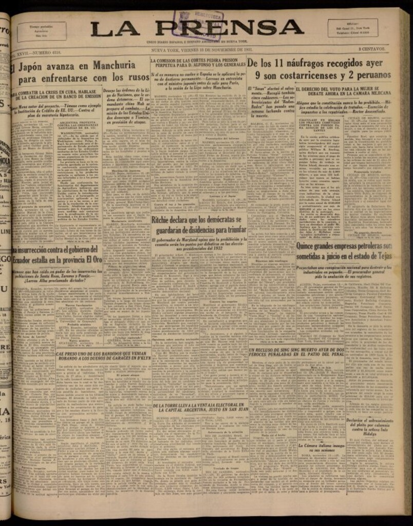 Miniatura de La Prensa: único diario español e hispano americano en Nueva York del 13 de noviembre de 1931, nº 4318