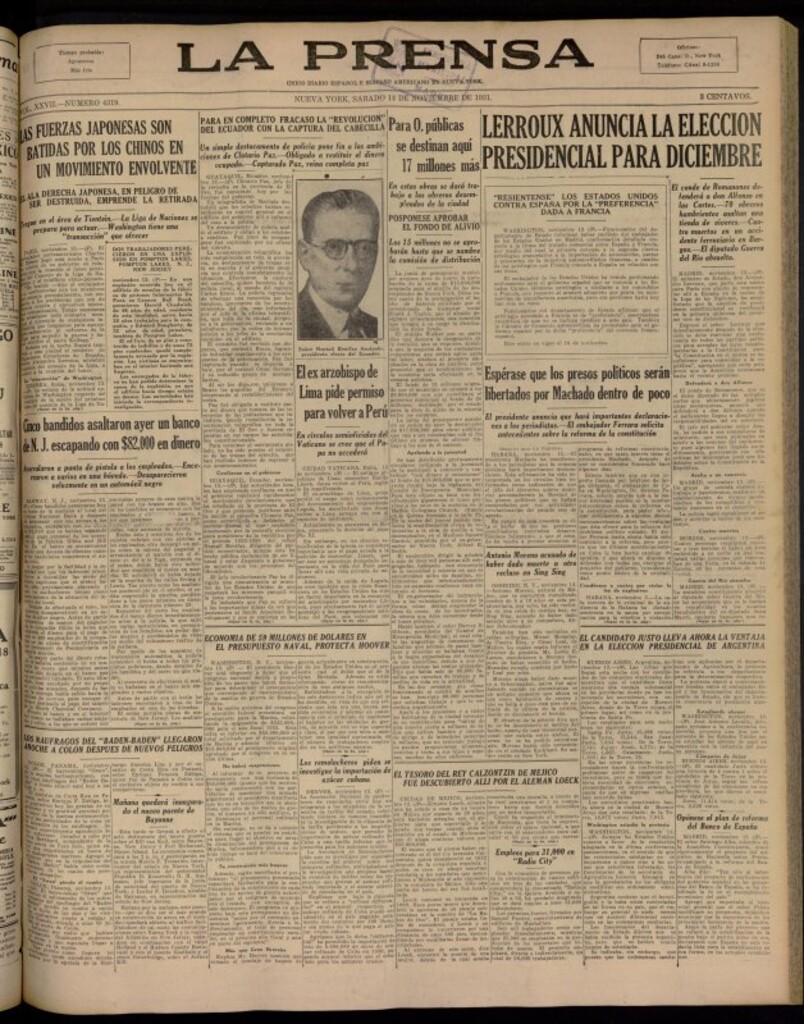 Miniatura de La Prensa: único diario español e hispano americano en Nueva York del 14 de noviembre de 1931, nº 4319
