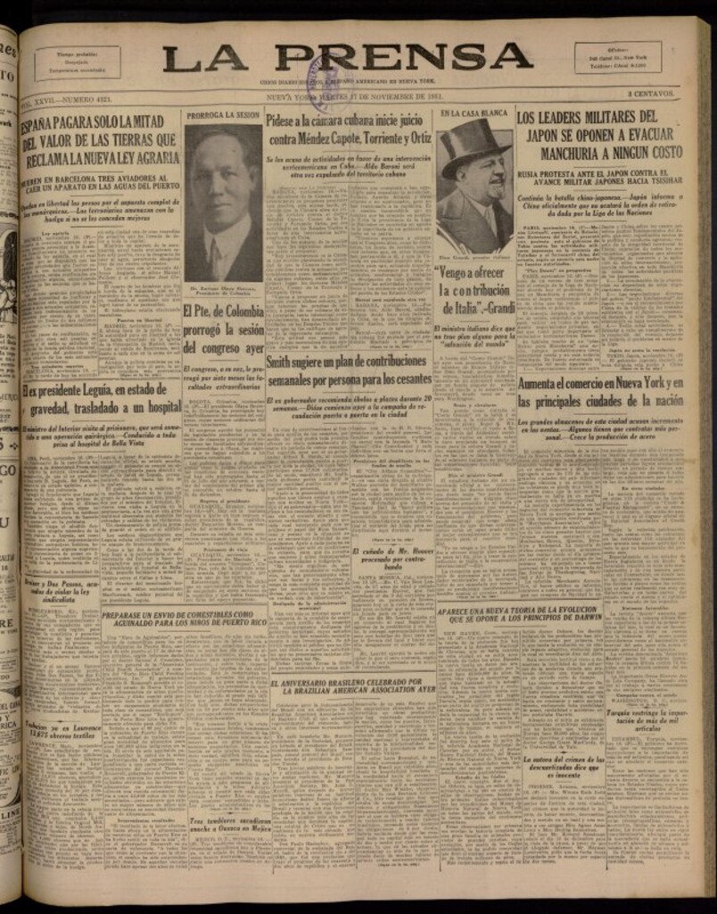 Miniatura de La Prensa: único diario español e hispano americano en Nueva York del 17 de noviembre de 1931, nº 4321