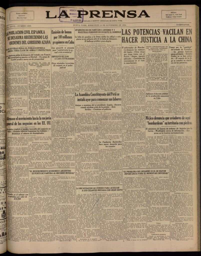 Miniatura de La Prensa: único diario español e hispano americano en Nueva York del 18 de noviembre de 1931, nº 4322