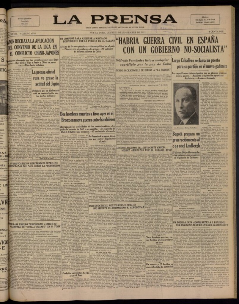 Miniatura de La Prensa: único diario español e hispano americano en Nueva York del 23 de noviembre de 1931, nº 4326