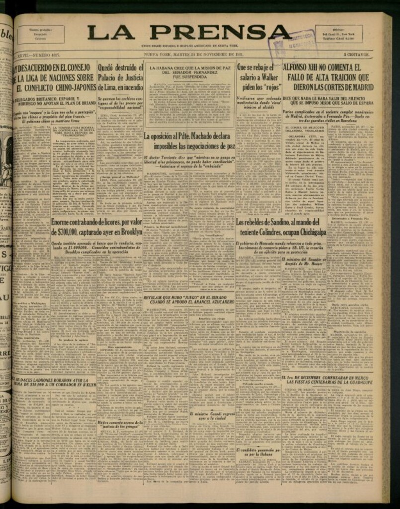 Miniatura de La Prensa: único diario español e hispano americano en Nueva York del 24 de noviembre de 1931, nº 4327