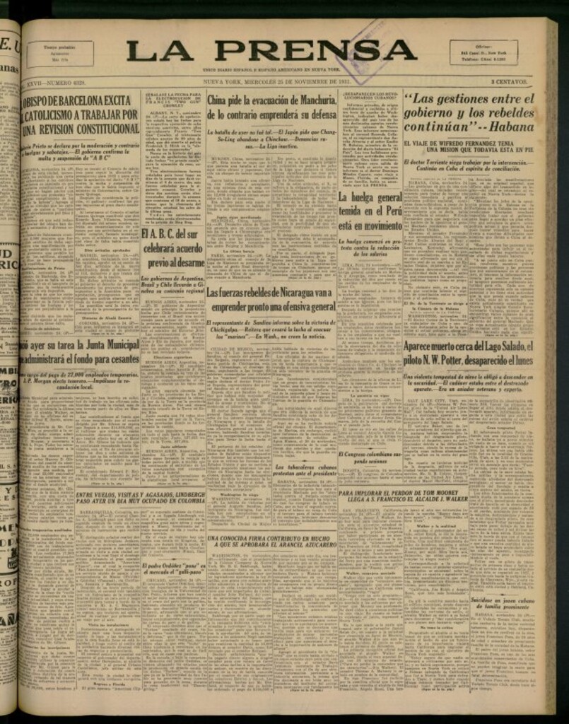 Miniatura de La Prensa: único diario español e hispano americano en Nueva York del 25 de noviembre de 1931, nº 4328