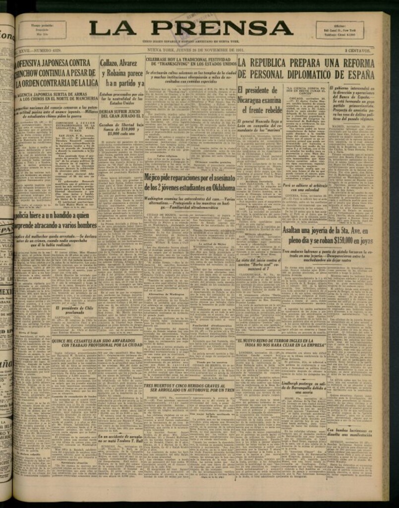 Miniatura de La Prensa: único diario español e hispano americano en Nueva York del 26 de noviembre de 1931, nº 4329