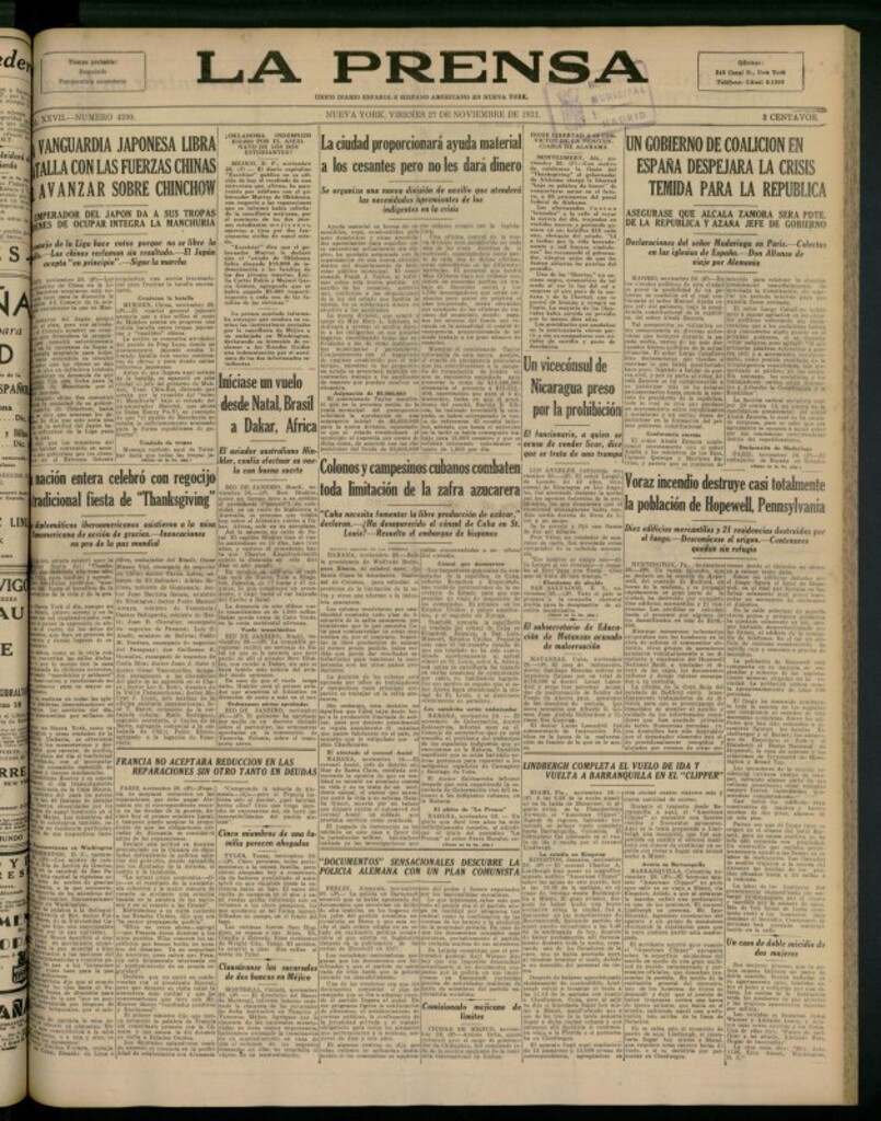 Miniatura de La Prensa: único diario español e hispano americano en Nueva York del 27 de noviembre de 1931, nº 4330