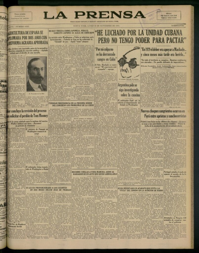 Miniatura de La Prensa: único diario español e hispano americano en Nueva York del 30 de noviembre de 1931, nº 4332