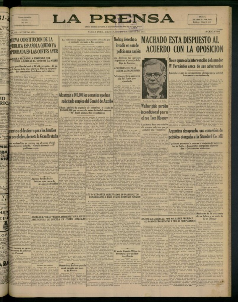 Miniatura de La Prensa: único diario español e hispano americano en Nueva York del 2 de diciembre de 1931, nº 4334