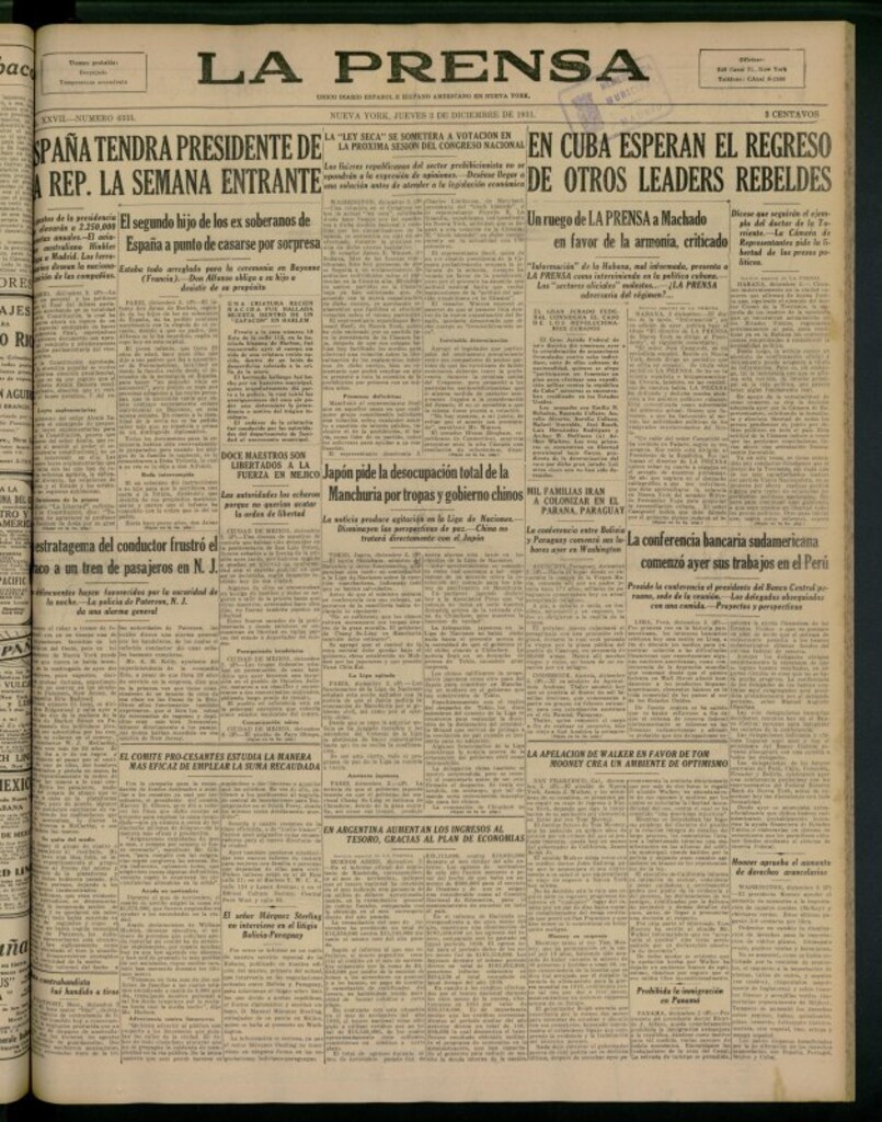 Miniatura de La Prensa: único diario español e hispano americano en Nueva York del 3 de diciembre de 1931, nº 4335