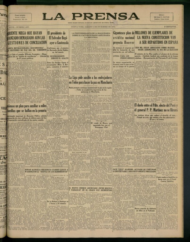 Miniatura de La Prensa: único diario español e hispano americano en Nueva York del 5 de diciembre de 1931, nº 4337