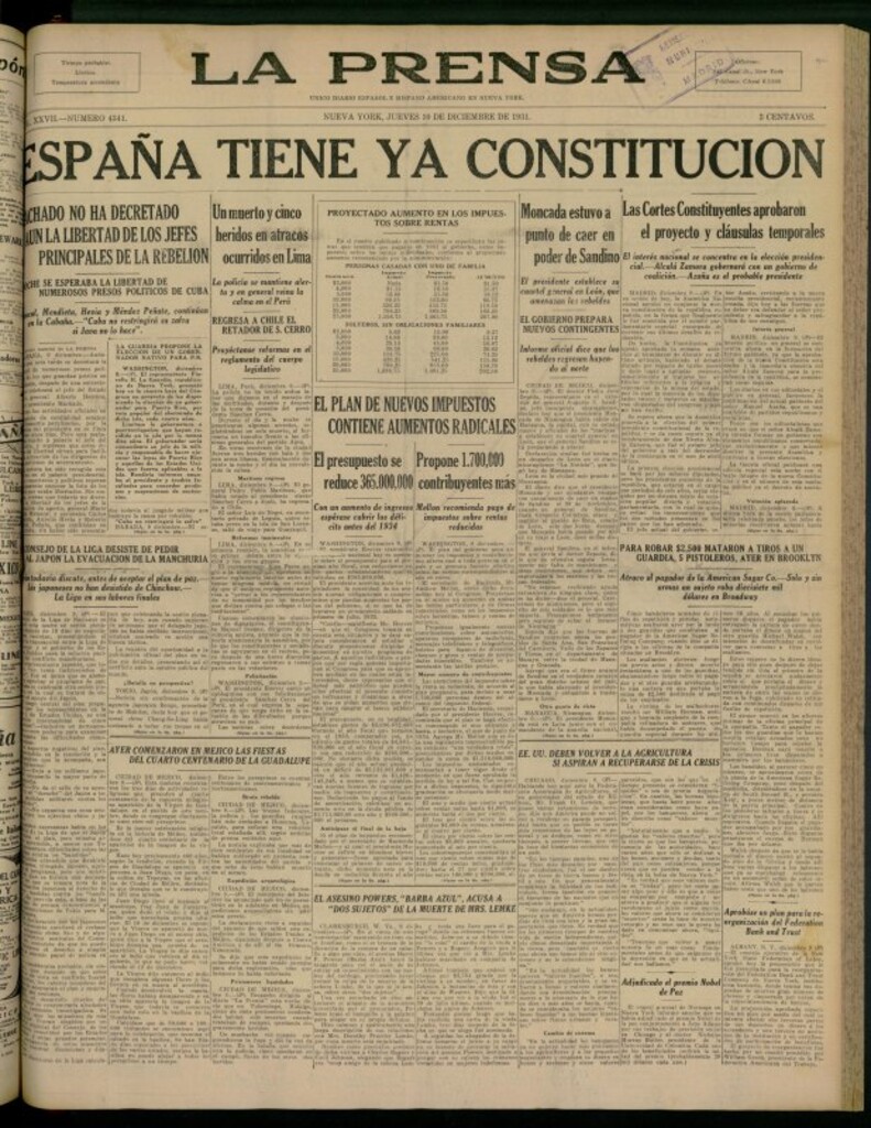 Miniatura de La Prensa: único diario español e hispano americano en Nueva York del 10 de diciembre de 1931, nº 4341