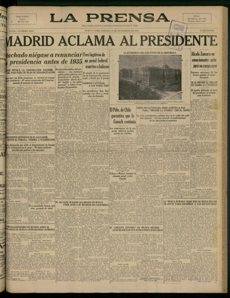 Miniatura de La Prensa: único diario español e hispano americano en Nueva York del 12 de diciembre de 1931, nº 4343