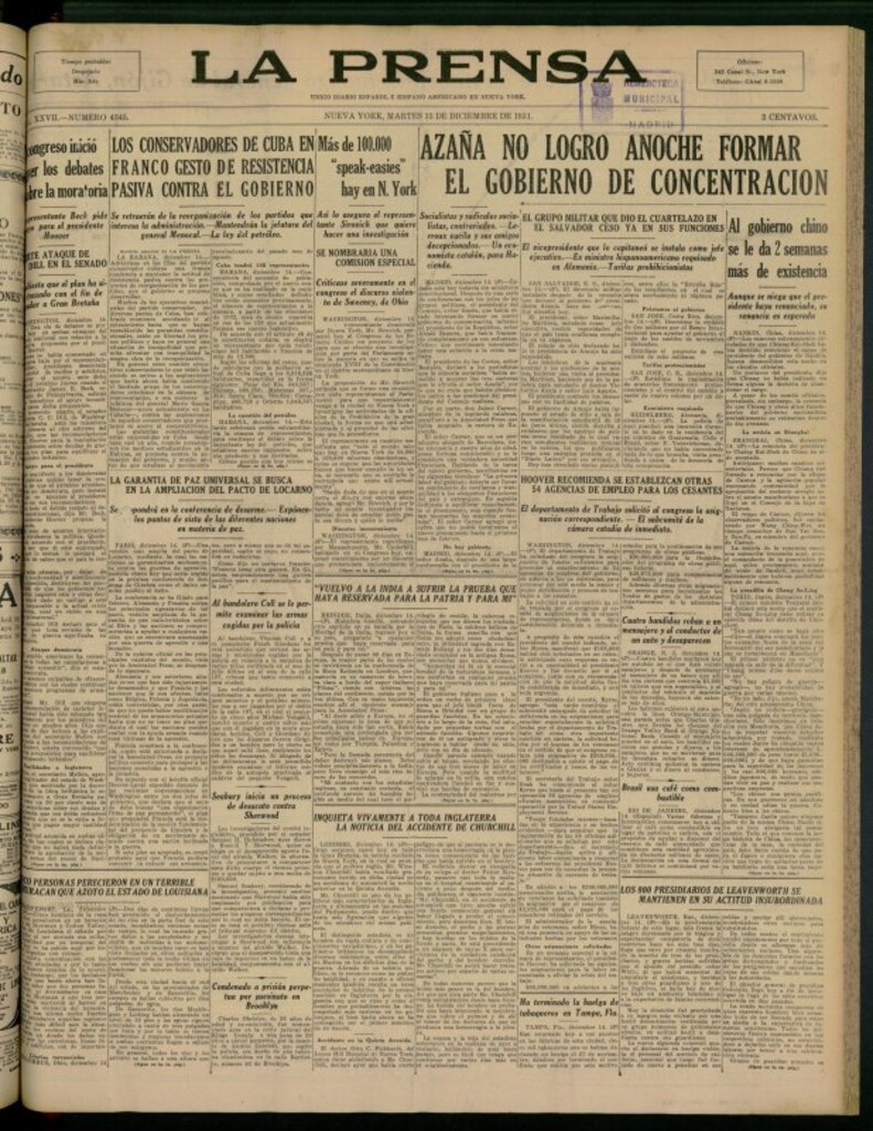 Miniatura de La Prensa: único diario español e hispano americano en Nueva York del 15 de diciembre de 1931, nº 4345