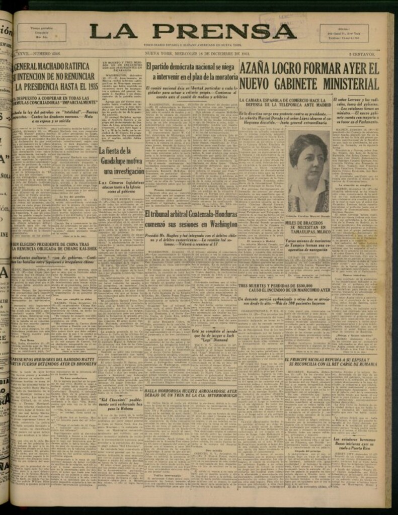 Miniatura de La Prensa: único diario español e hispano americano en Nueva York del 16 de diciembre de 1931, nº 4346