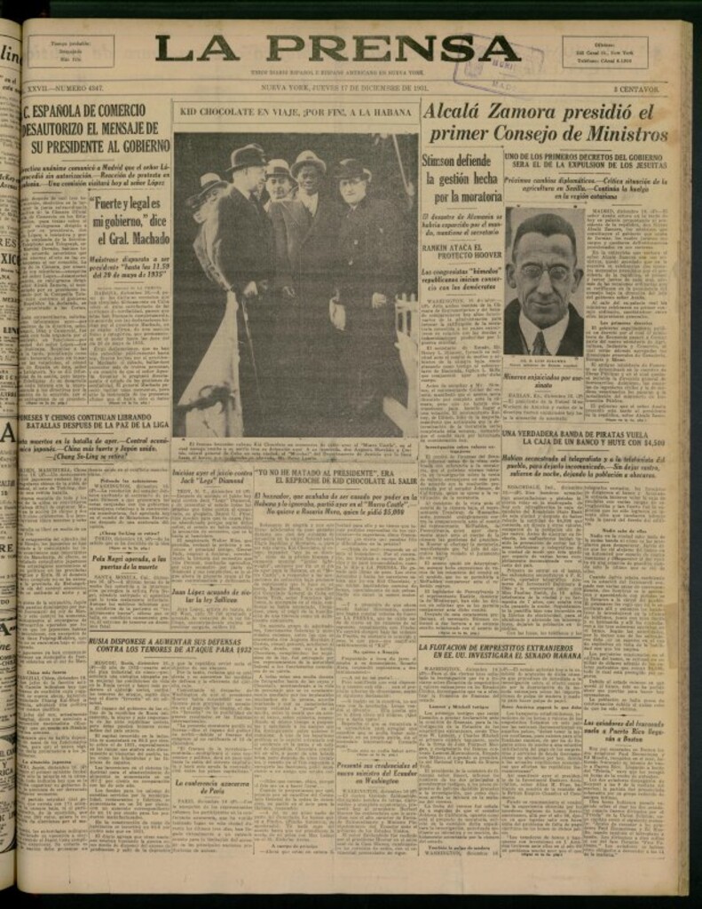 Miniatura de La Prensa: único diario español e hispano americano en Nueva York del 17 de diciembre de 1931, nº 4347