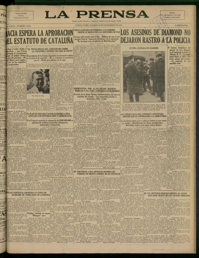 Miniatura de La Prensa: único diario español e hispano americano en Nueva York del 19 de diciembre de 1931, nº 4349