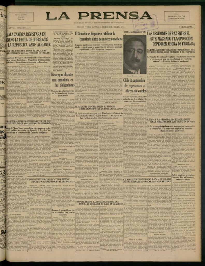 Miniatura de La Prensa: único diario español e hispano americano en Nueva York del 21 de diciembre de 1931, nº 4350