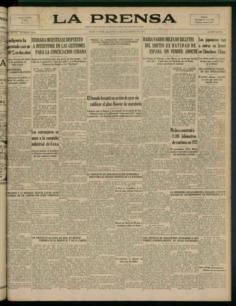 Miniatura de La Prensa: único diario español e hispano americano en Nueva York del 22 de diciembre de 1931, nº 4351