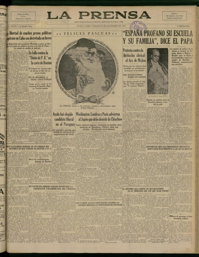 Miniatura de La Prensa: único diario español e hispano americano en Nueva York del 25 de diciembre de 1931, nº 4354