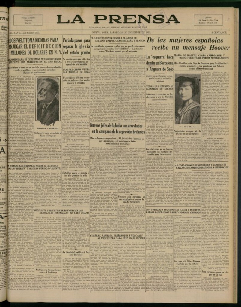 Miniatura de La Prensa: único diario español e hispano americano en Nueva York del 26 de diciembre de 1931, nº 4355
