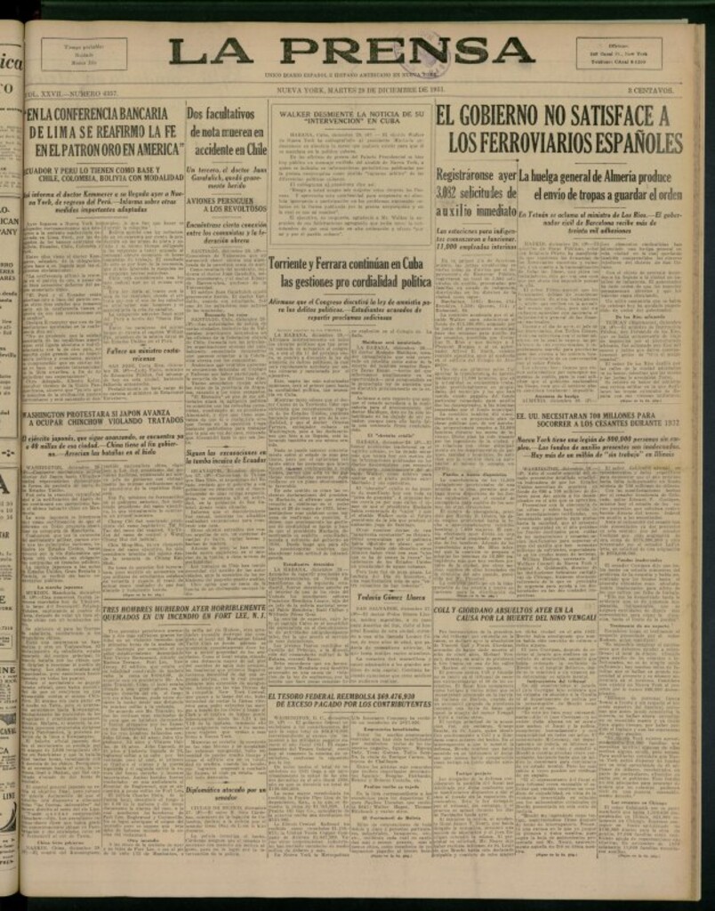 Miniatura de La Prensa: único diario español e hispano americano en Nueva York del 29 de diciembre de 1931, nº 4357