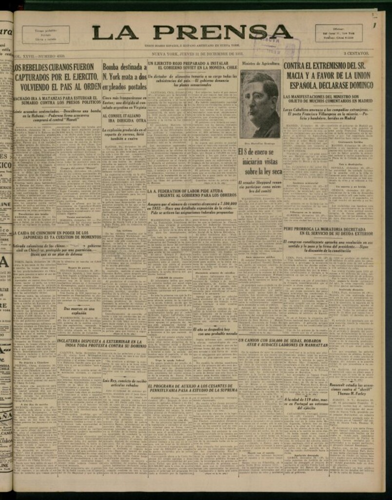 Miniatura de La Prensa: único diario español e hispano americano en Nueva York del 31 de diciembre de 1931, nº 4359