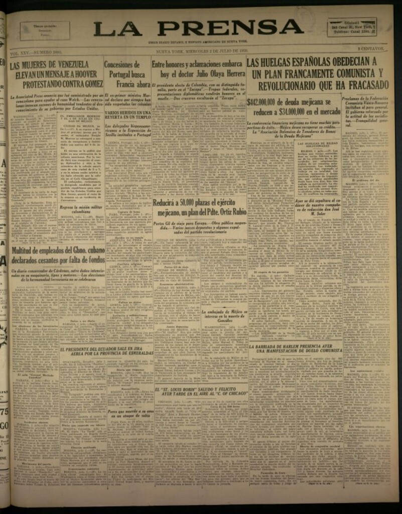 Miniatura de La Prensa: único diario español e hispano americano en Nueva York del 2 de julio de 1930, nº 3890