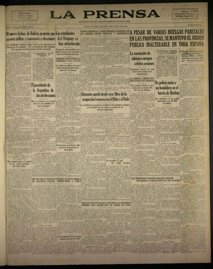 Miniatura de La Prensa: único diario español e hispano americano en Nueva York del 1 de julio de 1930, nº 3889