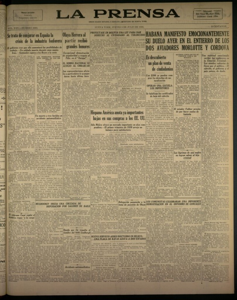 Miniatura de La Prensa: único diario español e hispano americano en Nueva York del 3 de julio de 1930, nº 3891