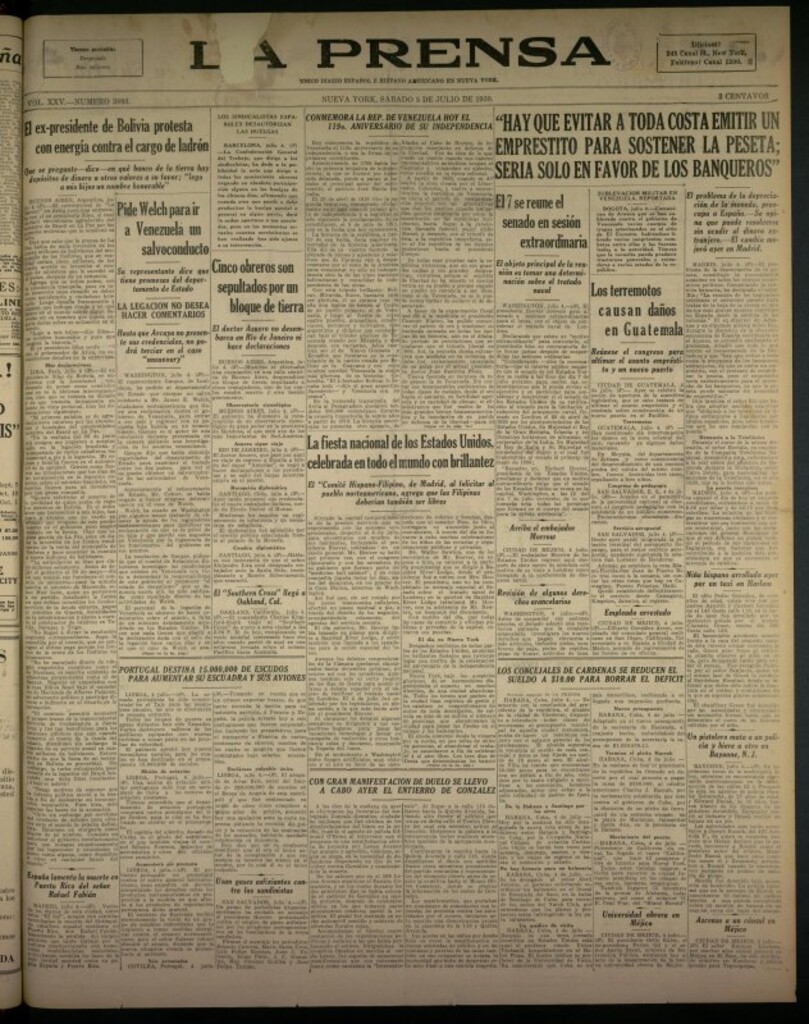 Miniatura de La Prensa: único diario español e hispano americano en Nueva York del 5 de julio de 1930, nº 3893