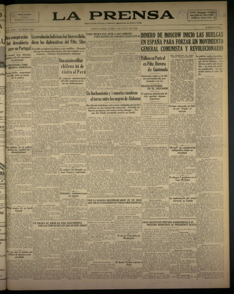 Miniatura de La Prensa: único diario español e hispano americano en Nueva York del 7 de julio de 1930, nº 3894