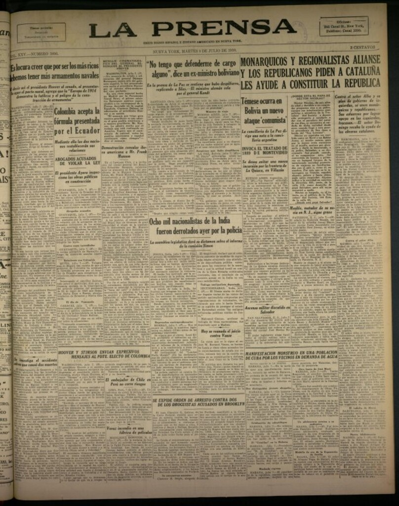 Miniatura de La Prensa: único diario español e hispano americano en Nueva York del 8 de julio de 1930, nº 3895