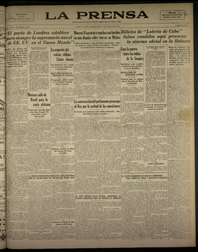 Miniatura de La Prensa: único diario español e hispano americano en Nueva York del 9 de julio de 1930, nº 38896