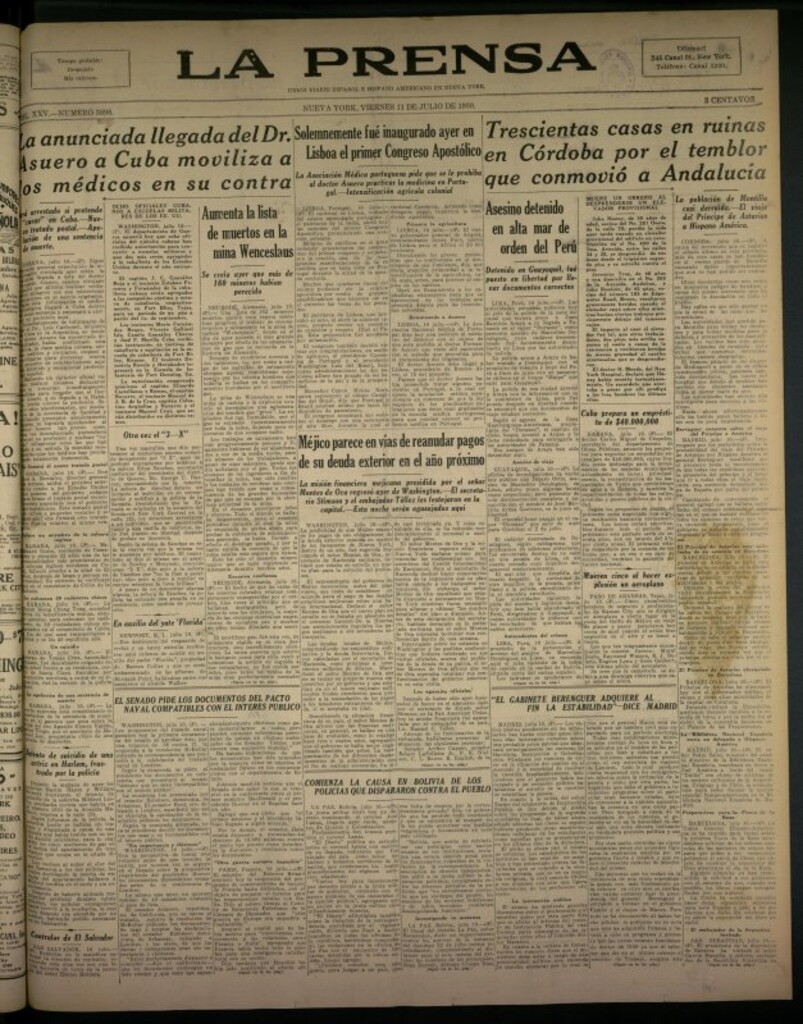 Miniatura de La Prensa: único diario español e hispano americano en Nueva York del 11 de julio de 1930, nº 3898
