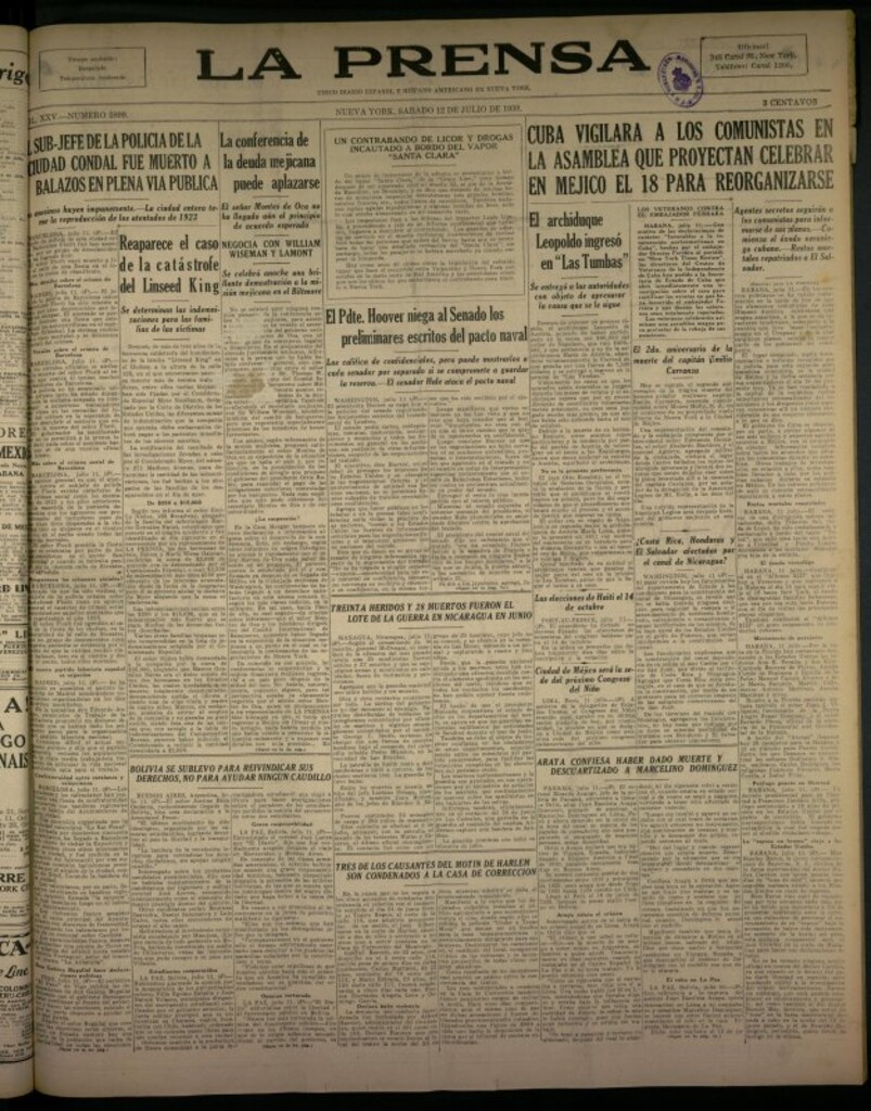 Miniatura de La Prensa: único diario español e hispano americano en Nueva York del 12 de julio de 1930, nº 3899