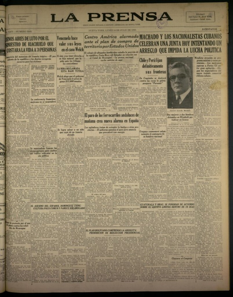 Miniatura de La Prensa: único diario español e hispano americano en Nueva York del 14 de julio de 1930, nº 3900