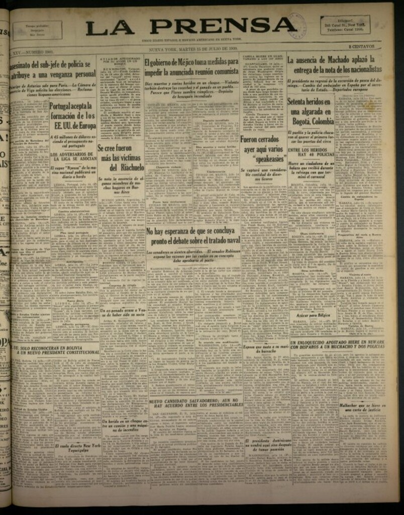 Miniatura de La Prensa: único diario español e hispano americano en Nueva York del 15 de julio de 1930, nº 3901