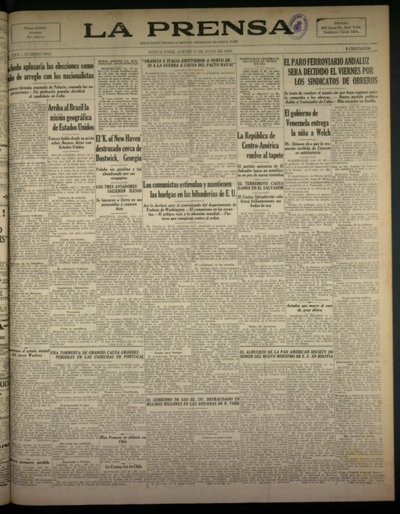 Miniatura de La Prensa: único diario español e hispano americano en Nueva York del 17 de julio de 1930, nº 3903