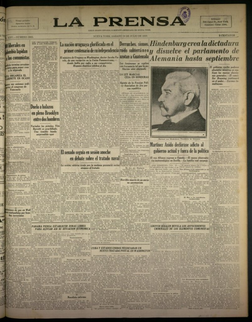 Miniatura de La Prensa: único diario español e hispano americano en Nueva York del 19 de julio de 1930, nº 3905