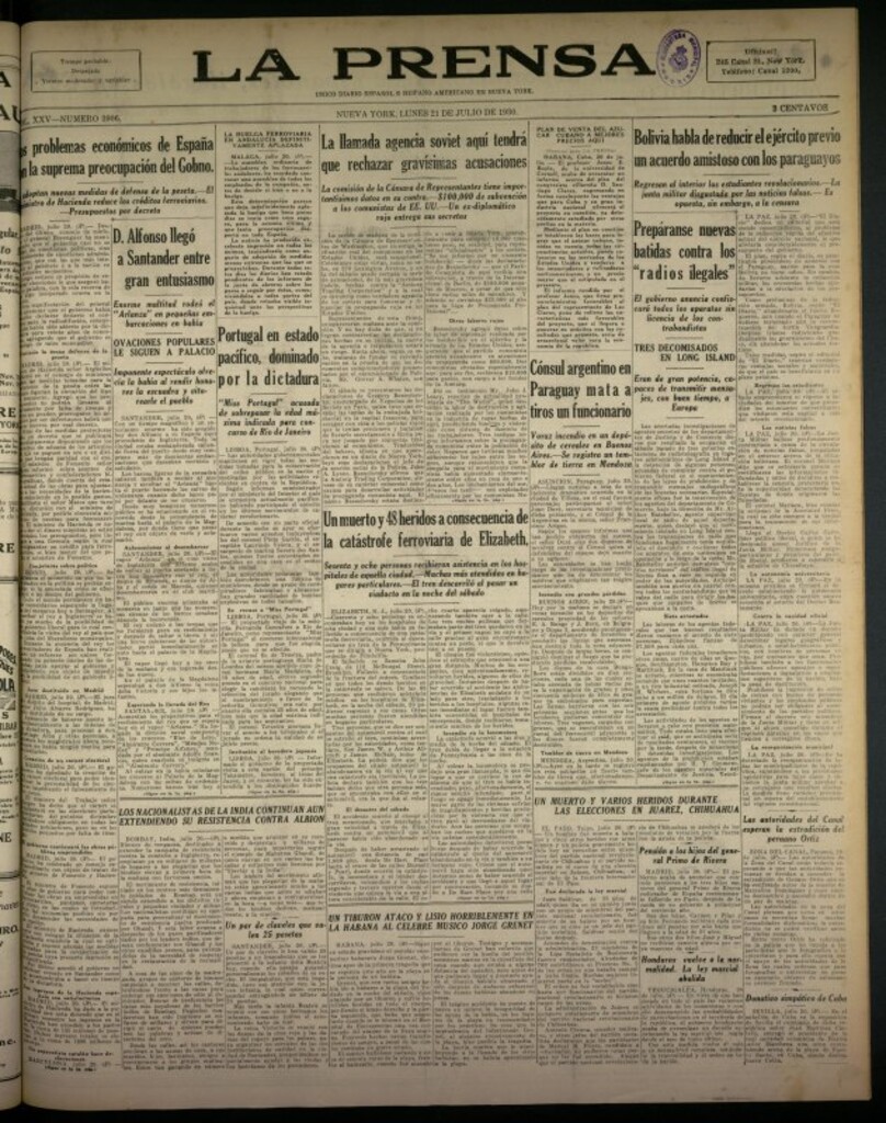 Miniatura de La Prensa: único diario español e hispano americano en Nueva York del 21 de julio de 1930, nº 3906